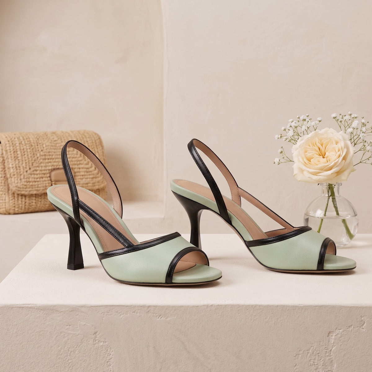 A pair of sage green slingback high-heeled sandals with black trim, displayed on a white pedestal alongside a woven handbag and a small vase of flowers.