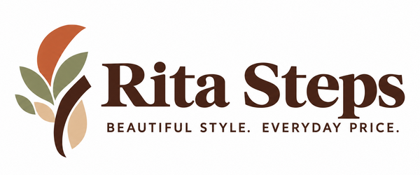 Rita Steps logo on a white background, featuring a stylized botanical emblem in brown, orange, green, and beige next to the brand name in dark brown text and the tagline 'BEAUTIFUL STYLE. EVERYDAY PRICES.
